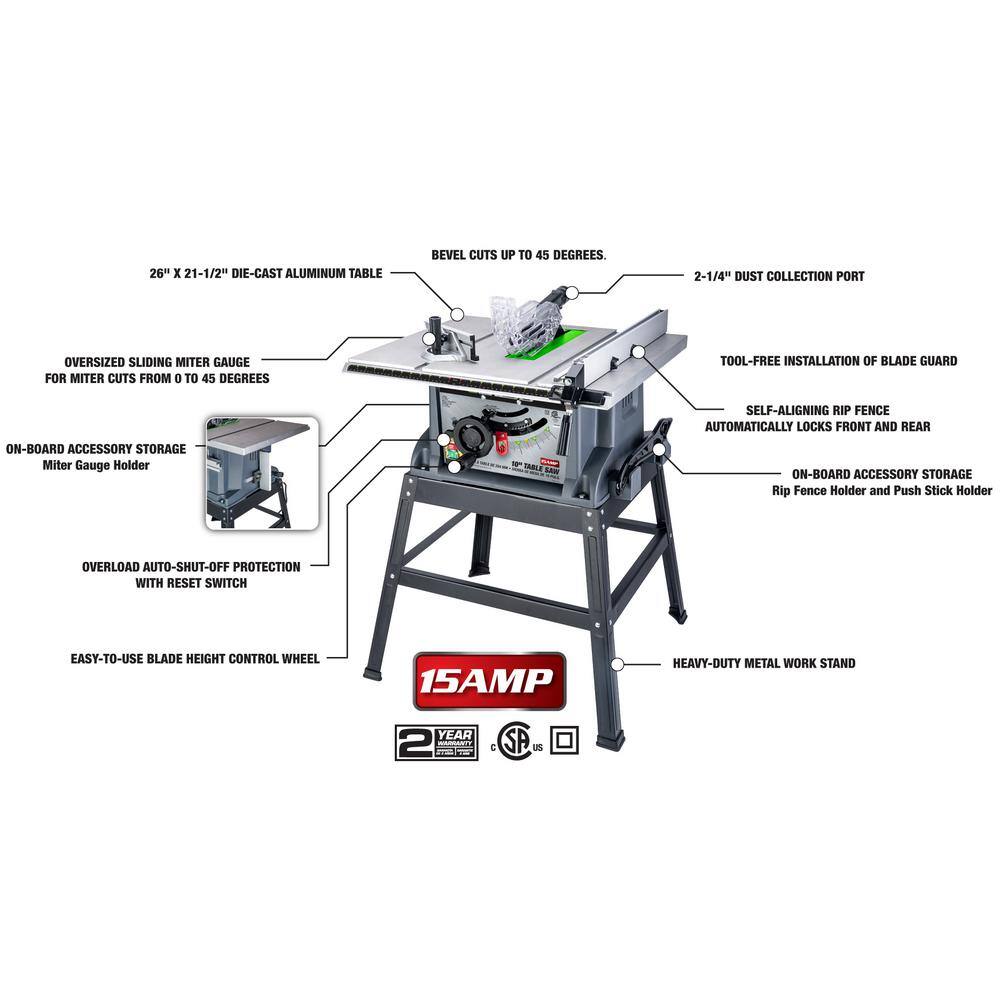 GENESIS GTS10SC 10 in. 15 Amp Table Saw with Metal Stand. Miter Gauge. Push Stick and Rip Fence