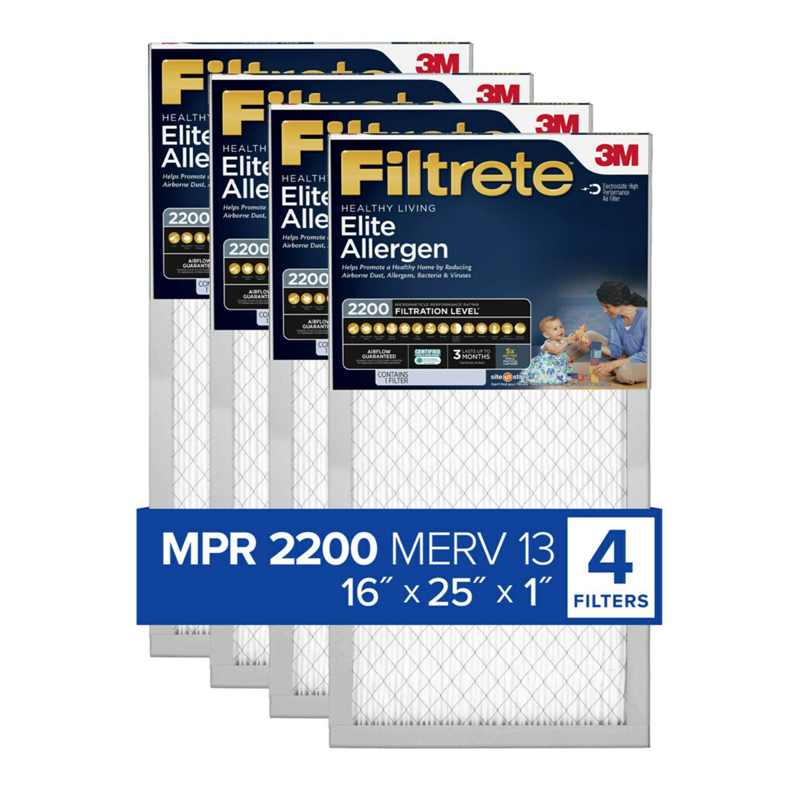 Filtrete by 3M 16x25x1. MERV 13. Elite Allergen Reduction HVAC Furnace Air Filter. MPR 2200. 4 Filters