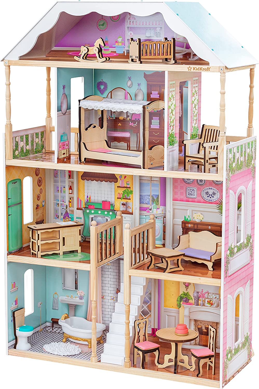 KidKraft Charlotte Classic Wooden Dollhouse with EZ Kraft Assembly. 14-Piece Accessory Set. for 12-Inch Dolls. Gift for Ages 3+
