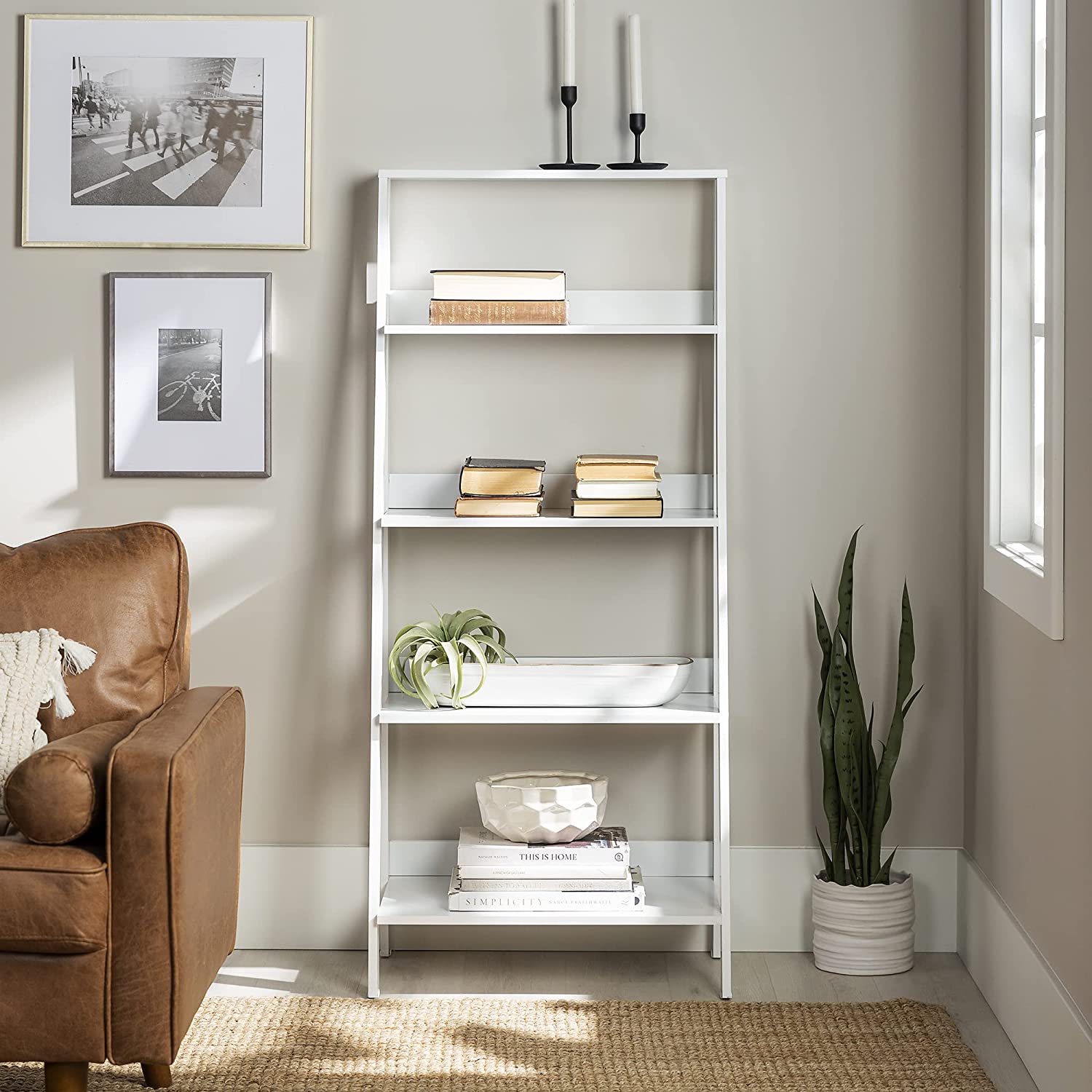 Walker Edison Sophia Modern 4 Shelf Ladder Bookcase. 55 Inch. White