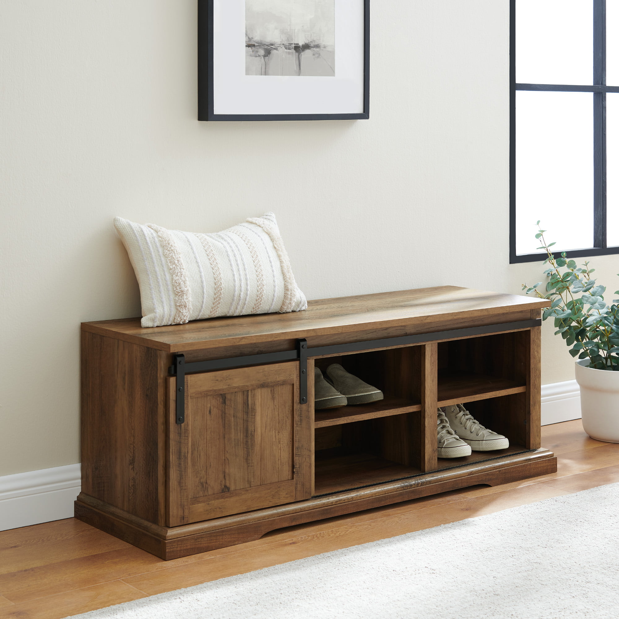 Woven Paths Dorset Grooved Sliding Barn Door Storage Bench. Reclaimed Barnwood