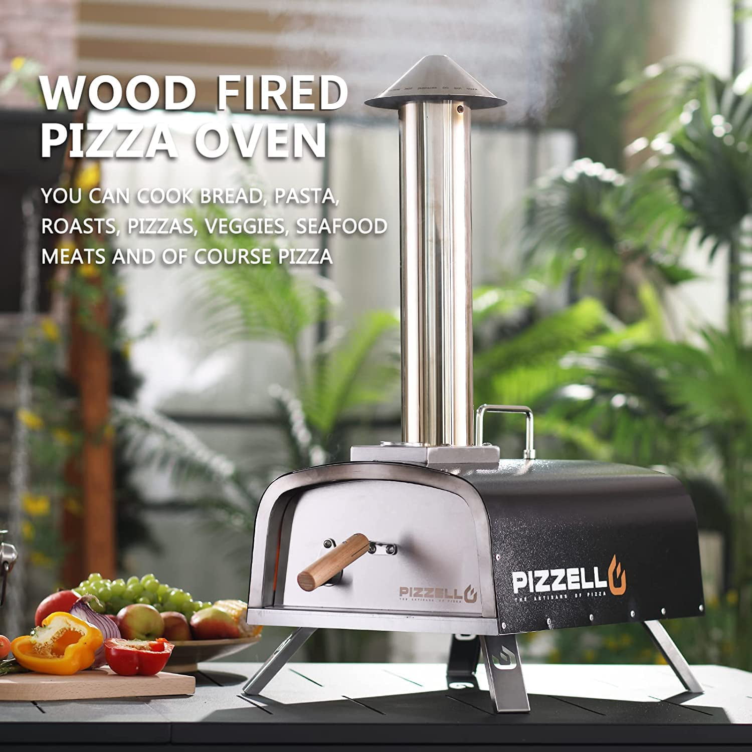 PIZZELLO Pellet Pizza Oven 12″ Outdoor Wood Fired Pizza Ovens with Pizza Stone. Pizza Peel. Fold-up Legs. Cover. Thermometer. Chimney - Black