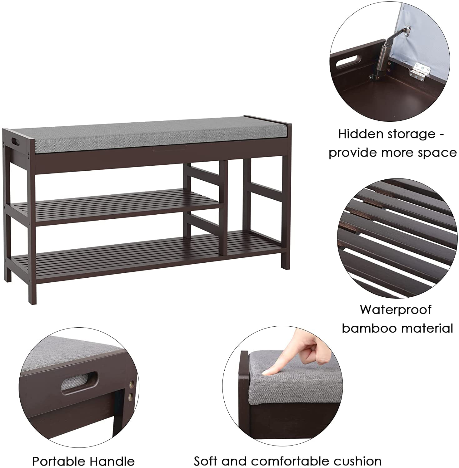 Homfa 2-Tiers Shoe Bench Rack with Padded Seat. Up to 7 Shoes Storage for Entryway. Bamboo Finish (Vintage)