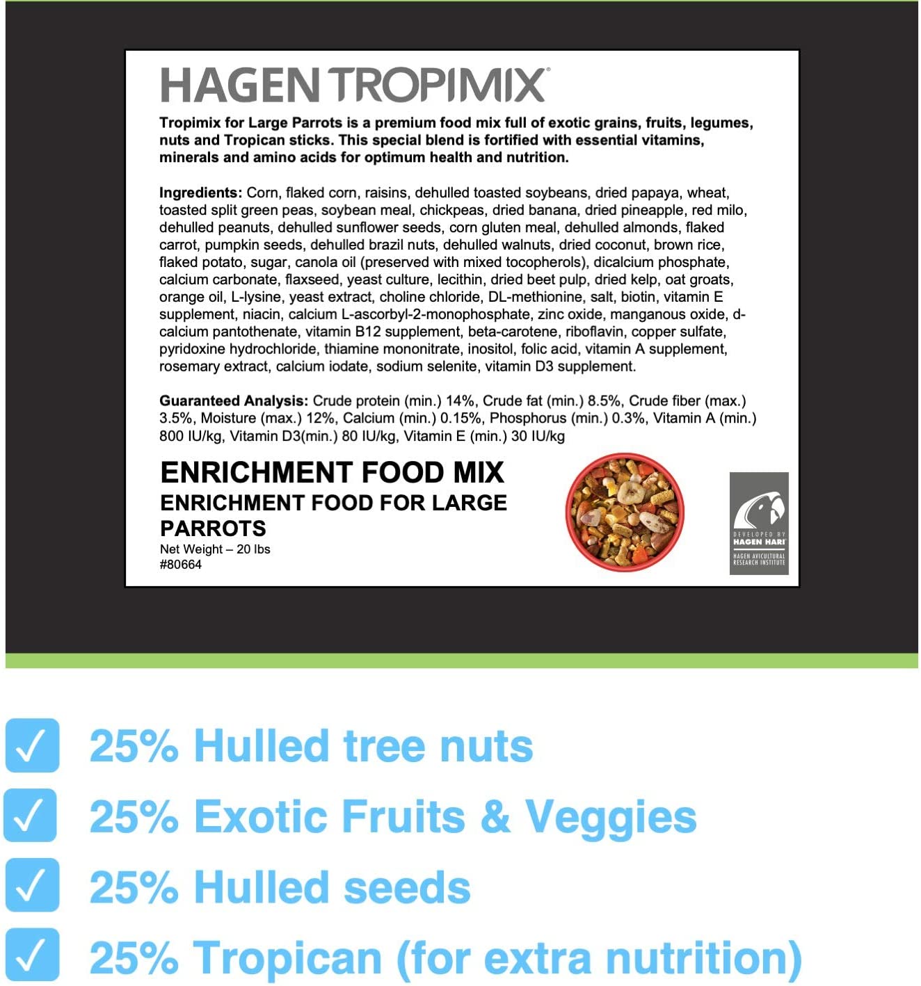 Hagen Tropimix Bird Food. HARI Large Parrot Food with Seeds. Fruit. Nuts. Vegetables. Grains. and Legumes. Enrichment Food. 20 Pound (Pack of 1)
