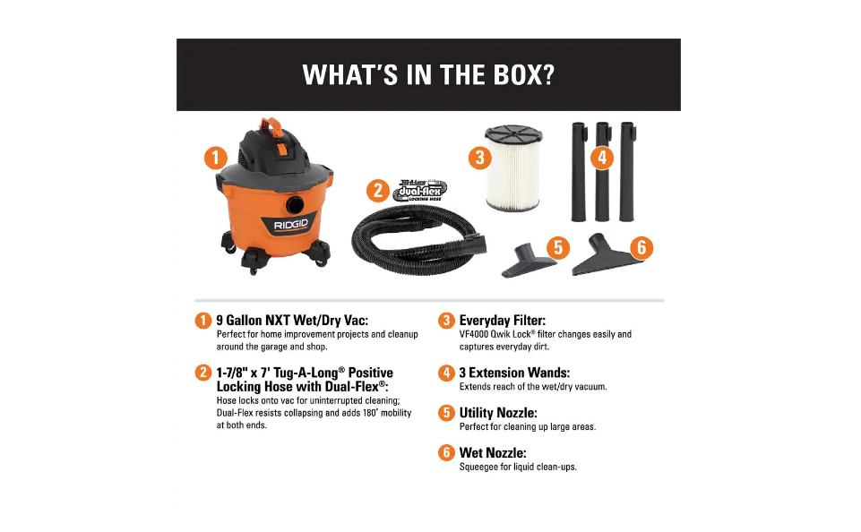 RIDGID HD09001 9 Gal. 4.25-Peak HP NXT Wet/Dry Shop Vacuum with Filter. Hose and Accessories