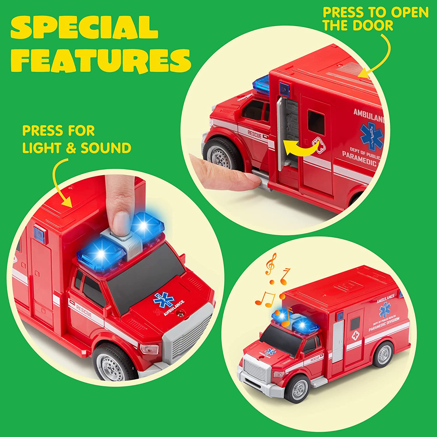 JOYIN 4 Pcs 7″ Long Vehicle Toy Set. Toddlers Cars with Lights and Siren Sound. Including Play Police Car. School Bus. Toy Garbage Truck. Ambulance Toy. Birthday Party Gifts Toys for Boys 3-5