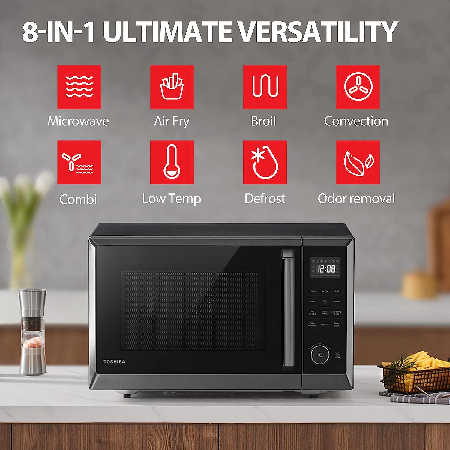 TOSHIBA ML2-EC10SA(BS) 8-in-1 Countertop Microwave with Air Fryer Microwave Combo. Convection. Broil. Odor removal. Mute Function. 12.4″ Position Memory Turntable with 1.0 Cu.ft. Black stainless steel