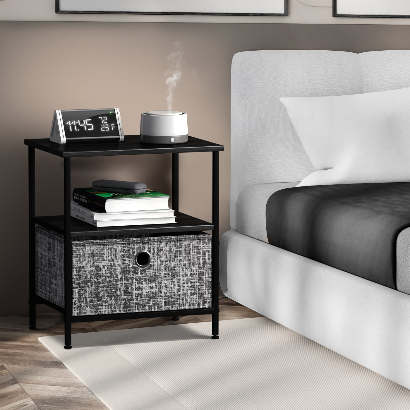 Sorbus Nightstand 1-Drawer Shelf Storage- Bedside Furniture & Accent End Table Chest for Home. Bedroom. Office. College Dorm. Steel Frame. Wood Top. Easy Pull Fabric Bins