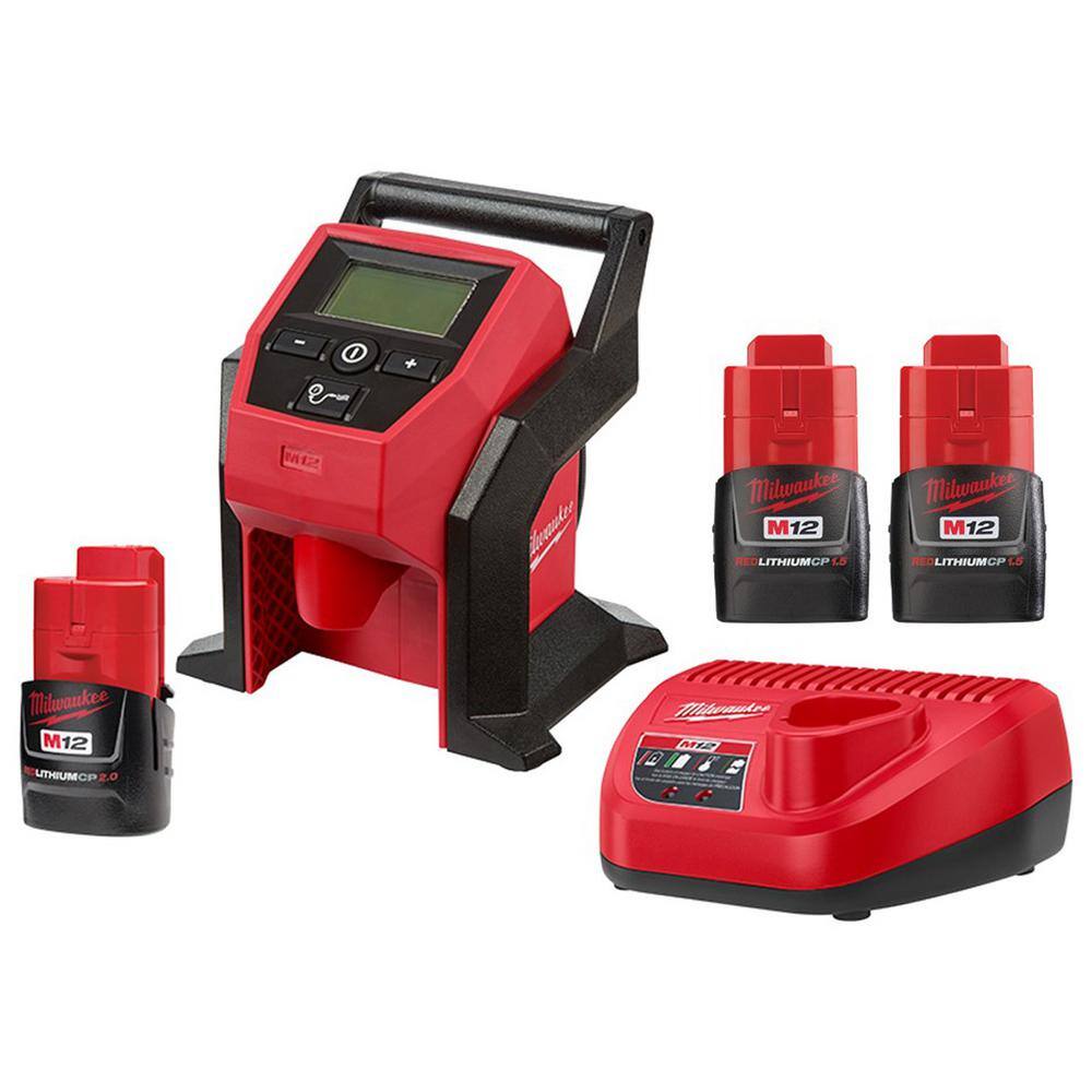 Milwaukee  M12 12-Volt Lithium-Ion Cordless Compact Inflator with 2.0 Ah Battery and Charger and Two 1.5Ah Battery Packs