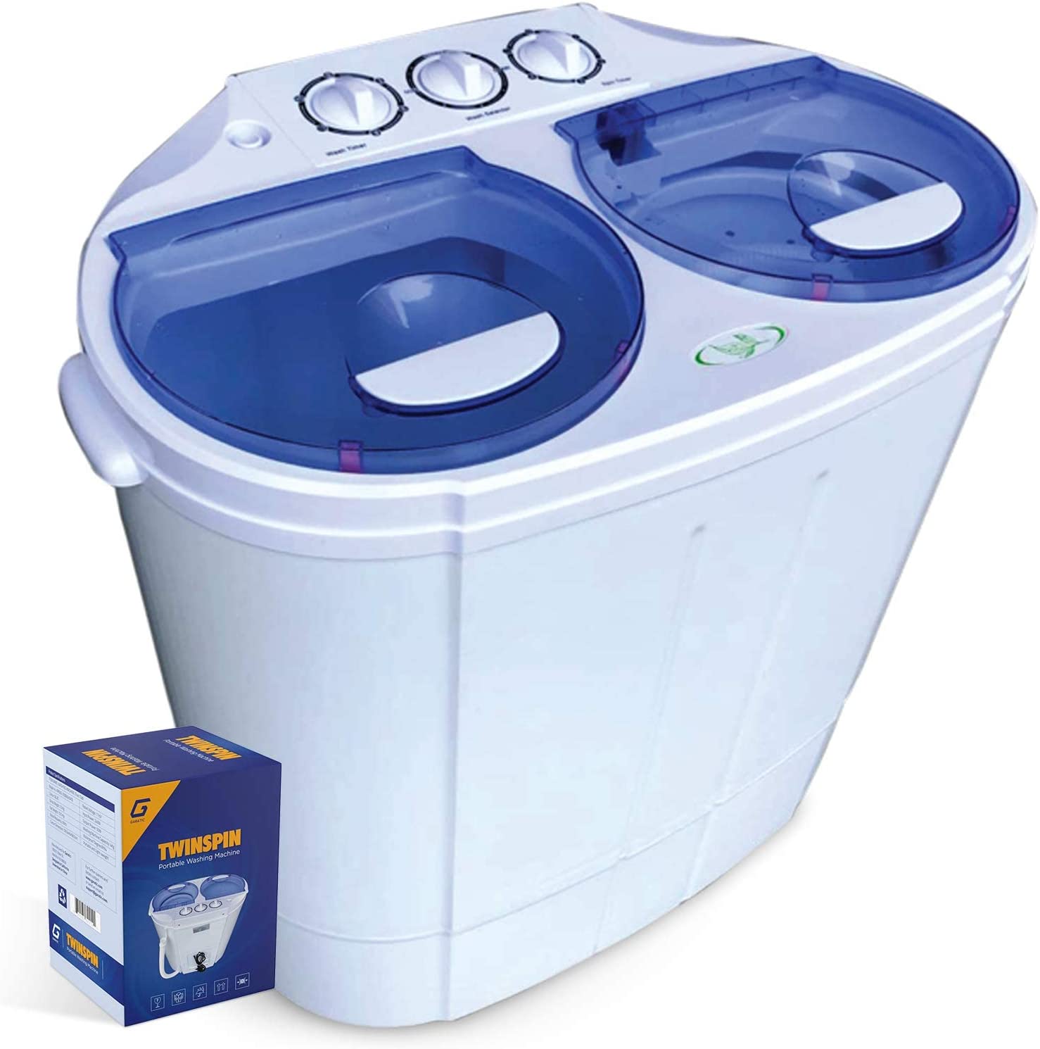 Garatic Portable Compact Mini Twin Tub Washing Machine w/Wash and Spin Cycle. Built-in Gravity Drain. 13lbs Capacity For Camping. Apartments. Dorms. College Rooms. RV's. Delicates and more