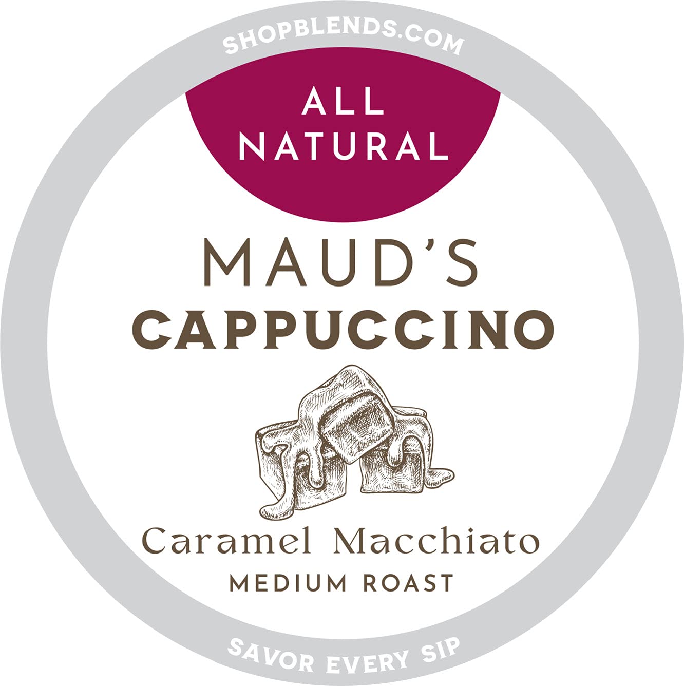 Maud-s Caramel Macchiato Cappuccino Coffee Pods (Medium Roast) 16ct. Solar Energy Produced Recyclable Single Serve 1 Step 100% Arabica Coffee Cappuccino Pods. Milk and Sugar Included. KCup Compatible