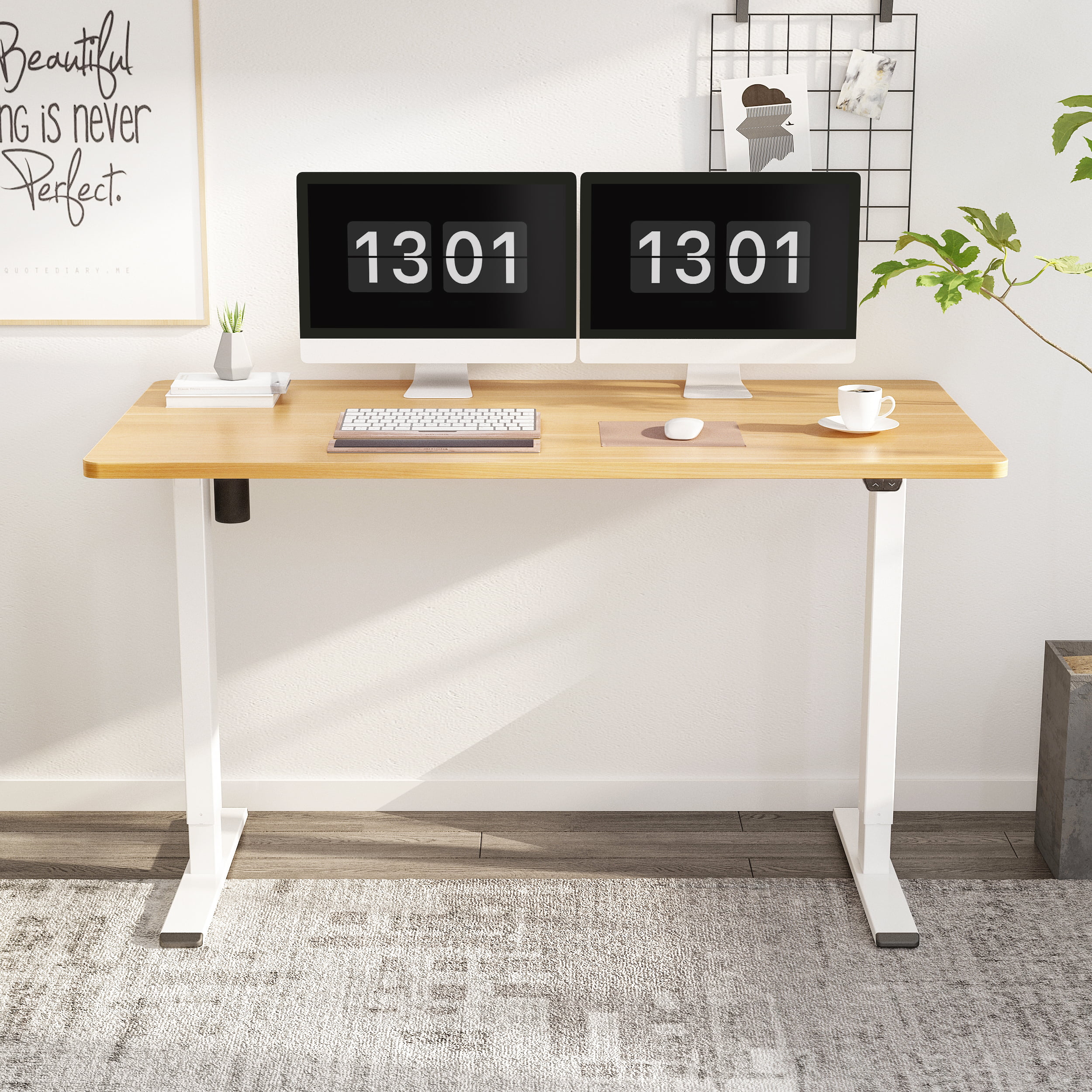 FlexiSpot Home Office Electric Height Adjustable Standing Desk 55″ x 28″ Computer Desk White Frame and Maple Top