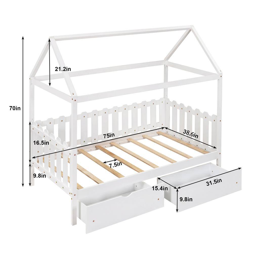 Harper & Bright Designs  White Twin Size Wood House Bed with Drawers and Fence-Shaped Guardrail