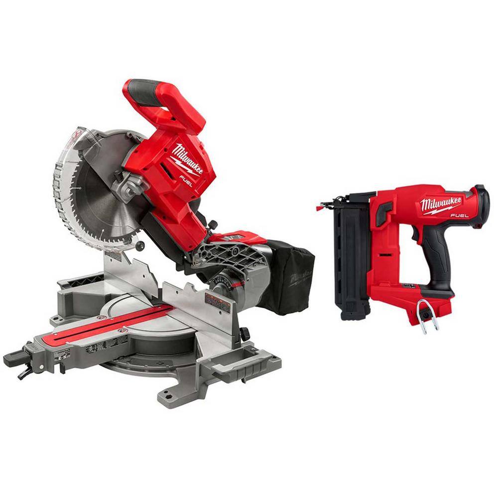 Milwaukee 2734-20-2746-20 M18 FUEL 18V Lithium-Ion Brushless 10 in. Cordless Dual Bevel Sliding Compound Miter Saw with 18-Gauge Brad Nailer
