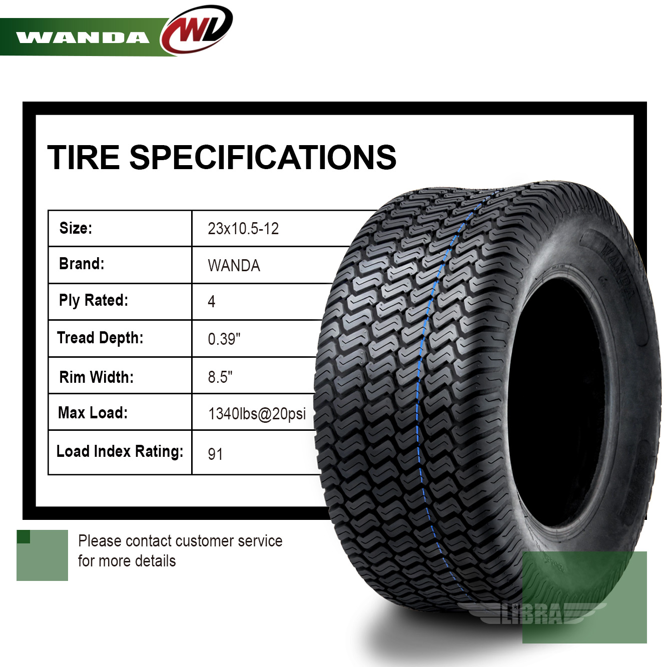 Wanda 2 New 23×10.5-12 Lawn Mower Golf Cart Turf Tires P332 /4PR - 13049