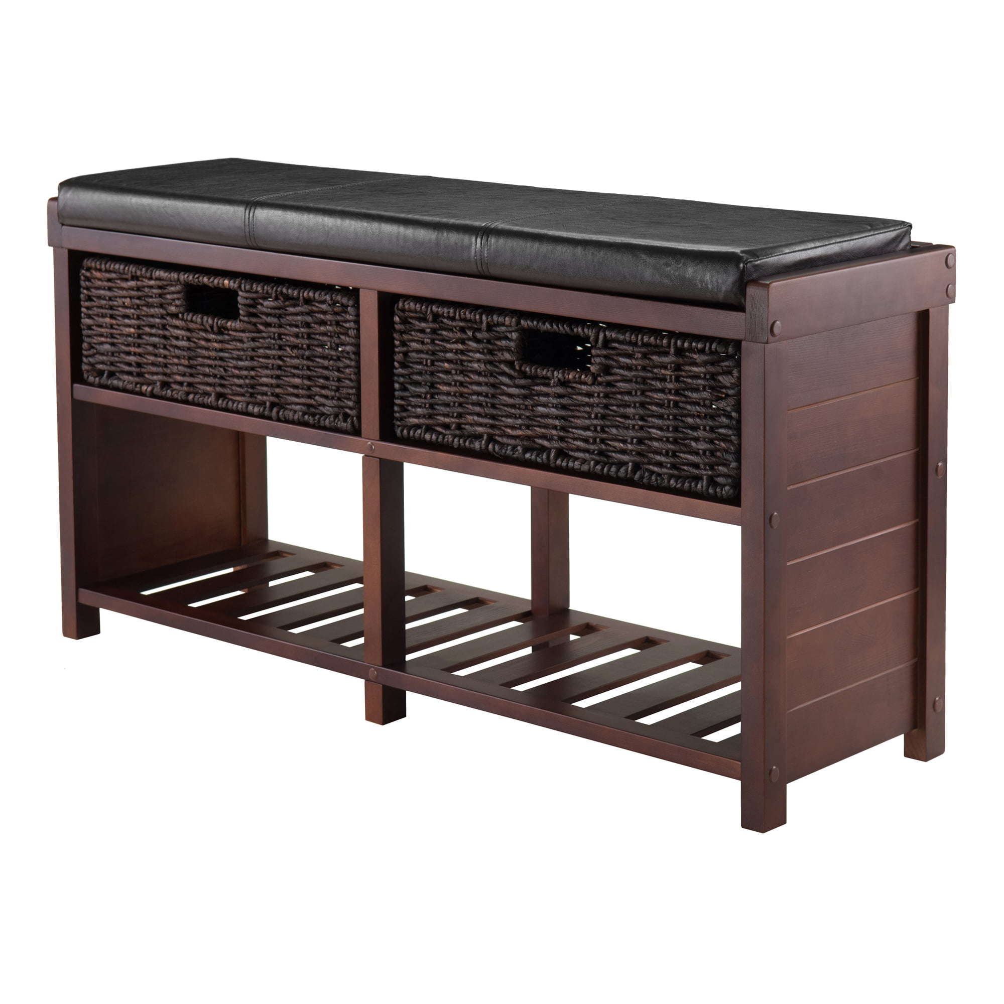 Winsome Wood Colin Storage Bench. Seat Cushion & 2 Foldable Chocolate Corn Husk Baskets. Cappuccino Finish