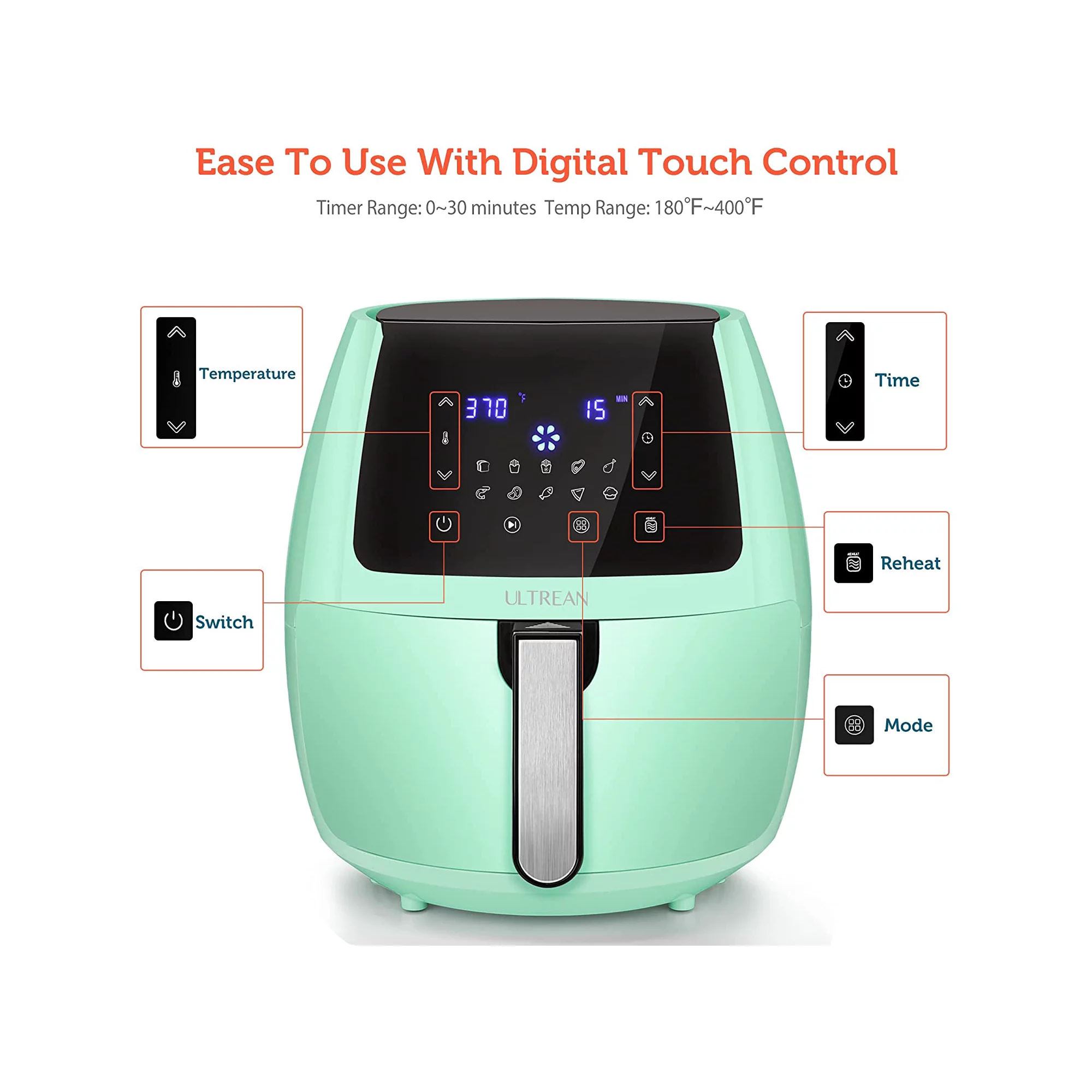 Ultrean 1700W 5.8 Quart Air Fryer. Oilless Oven Cooker with 10 Presets. Nonstick Basket. Green