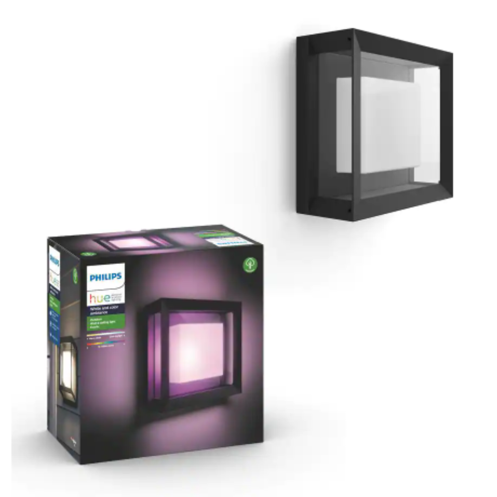 Philips Hue White and Color Ambiance Econic Medium Black Outdoor Sconce and Lantern Fixture with Integrated LED. Square