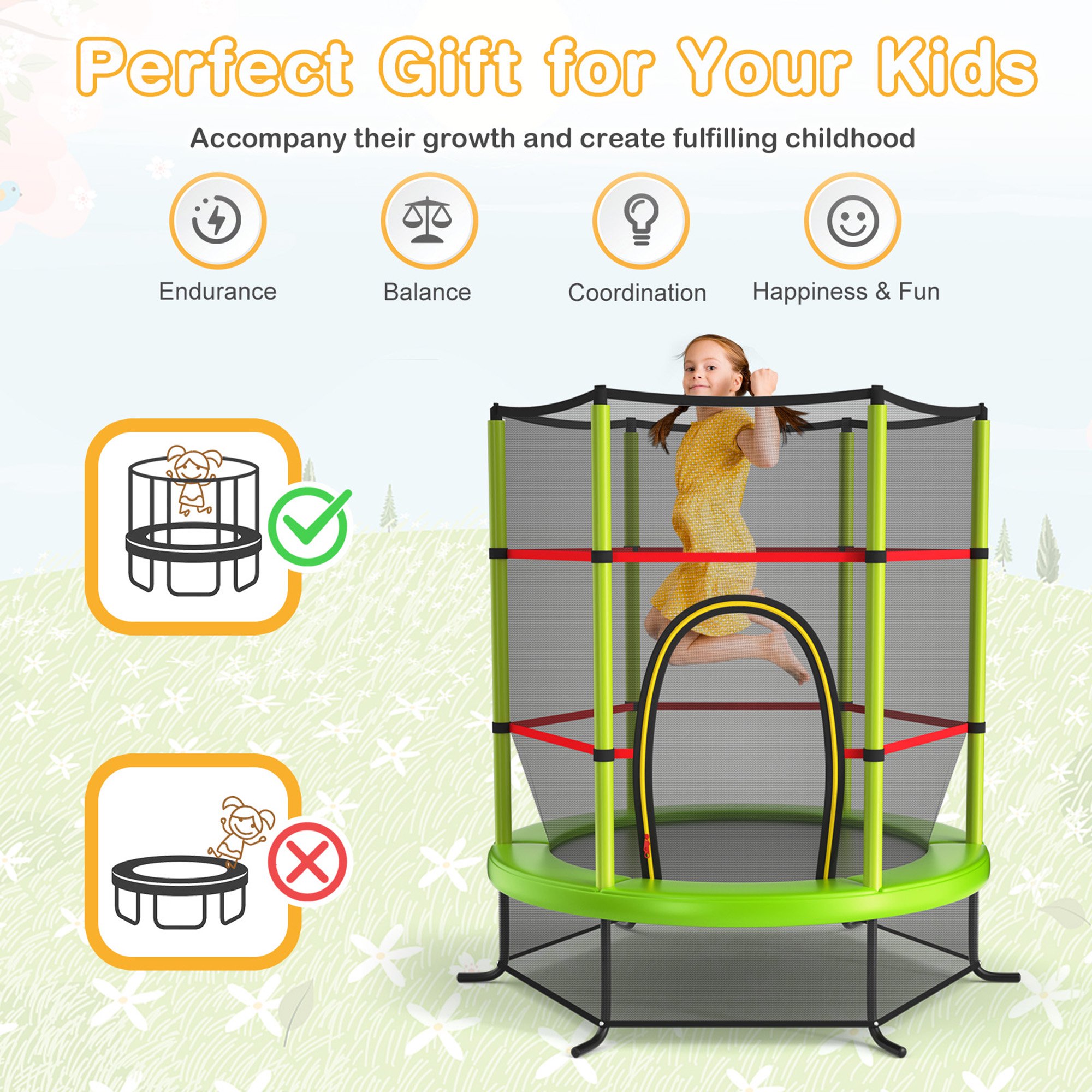 Gymax 55” Trampoline for Kids Toddler Recreational Trampoline with Safety Enclosure Net Green