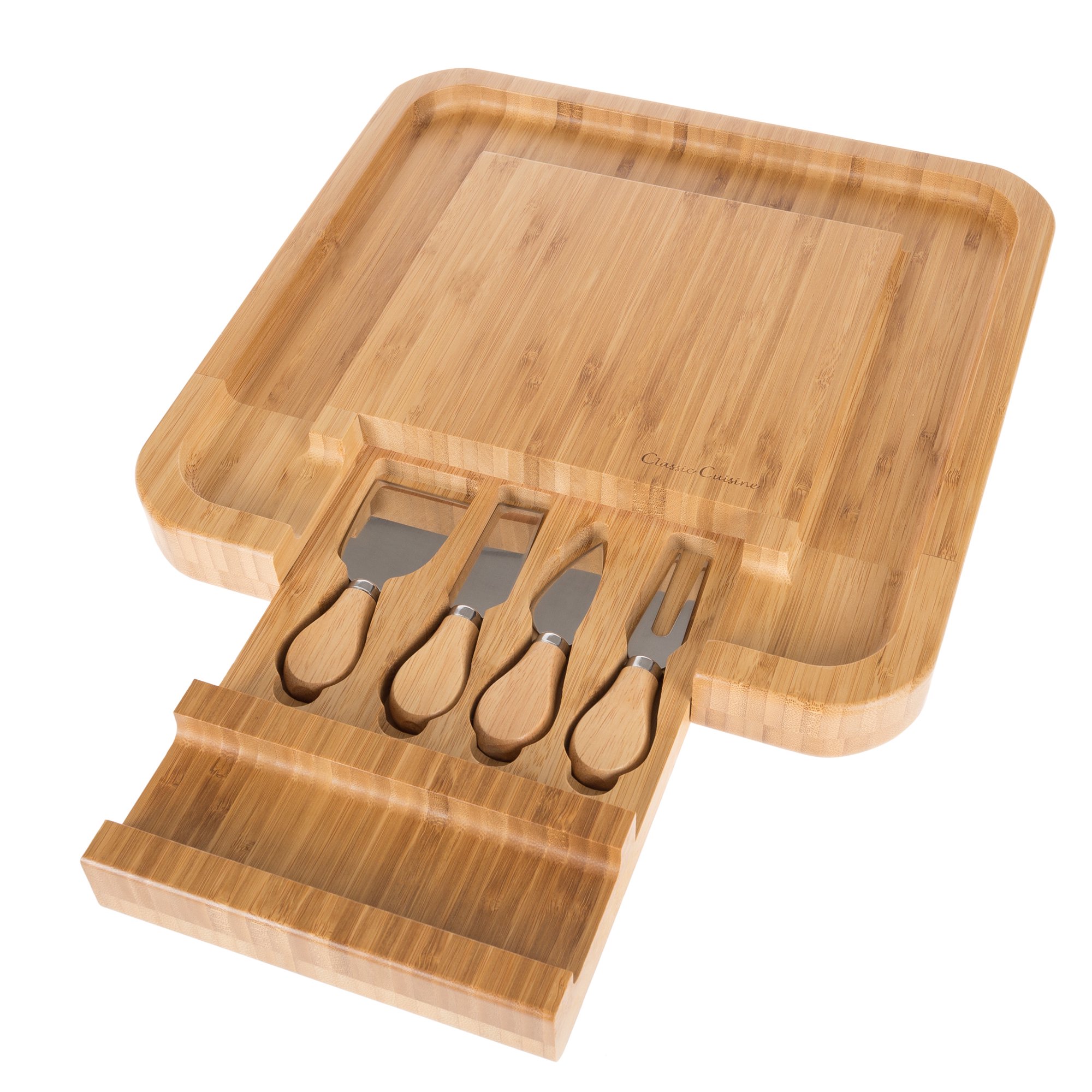 Classic Cuisine Bamboo Cheese Serving Tray with 4-Piece Cutlery Set. Tan