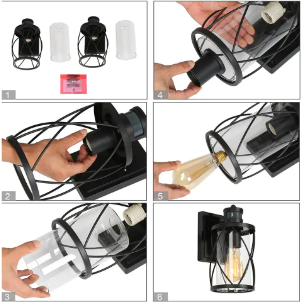 Uolfin Modern Black Drum Outdoor Wall Light TORA 1-Light Motion Sensor Wall Lantern Sconce with Clear Glass Shade (2-Pack)