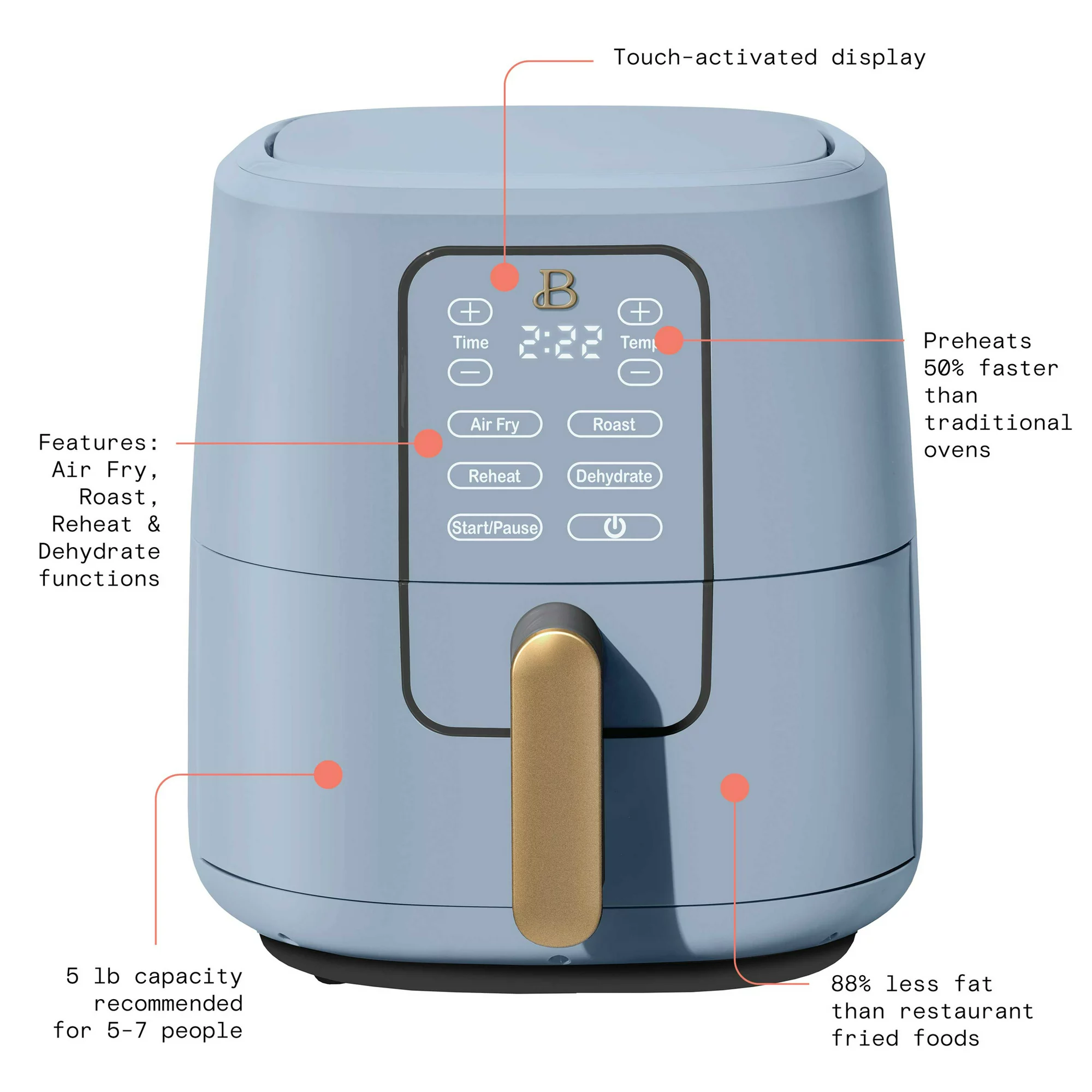 Beautiful 6 Quart Touchscreen Air Fryer. Cornflower Blue by Drew Barrymore