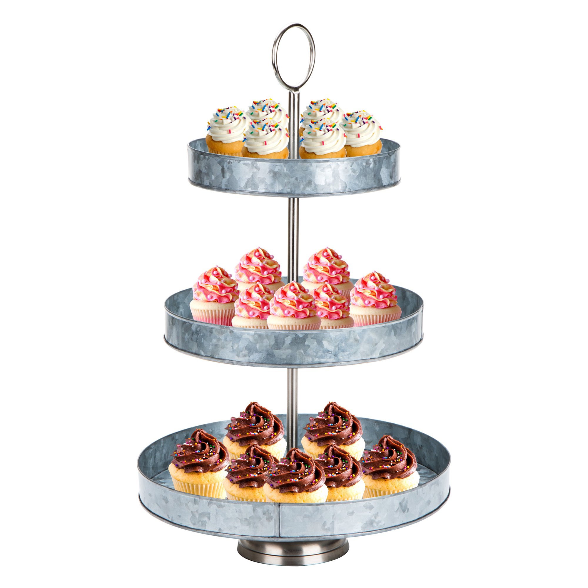 Mind Reader 12-In Galvanized Steel Round Cupcake Tower with Handle. Silver