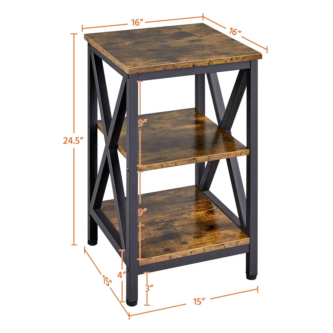 River Street Designs Industrial 3-Tier Wood and Metal End Table. Rustic Brown
