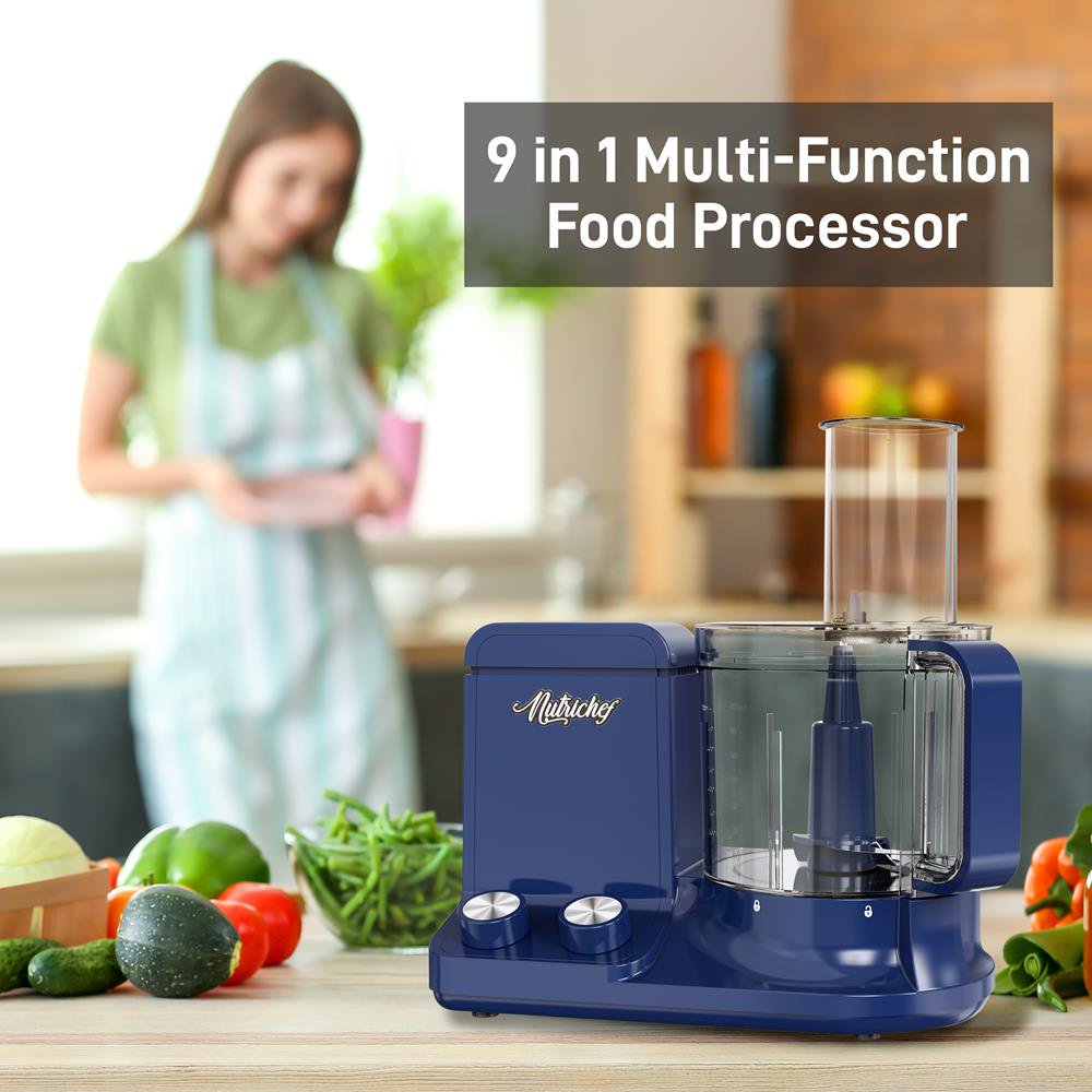 NutriChef NCFPBLU Multipurpose 12 Cup Food Processor. 6 Attachment Blade. Blue