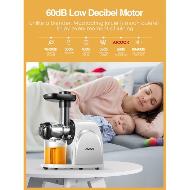 Aicook Slow Masticating Juicer with Quiet Motor. Recipes and Reverse Function. White