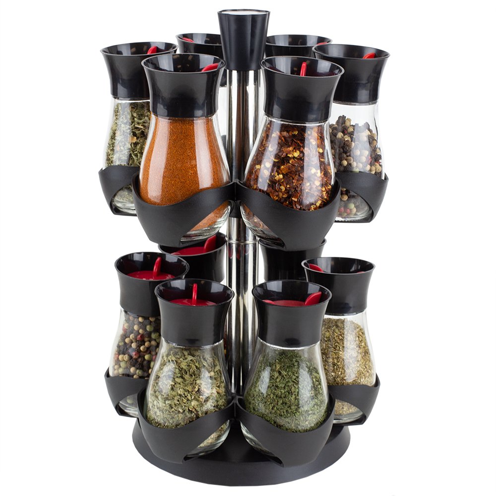 Home Basics Contemporary Gourmet Revolving 12-Jar Two Tier Spice Rack. Black