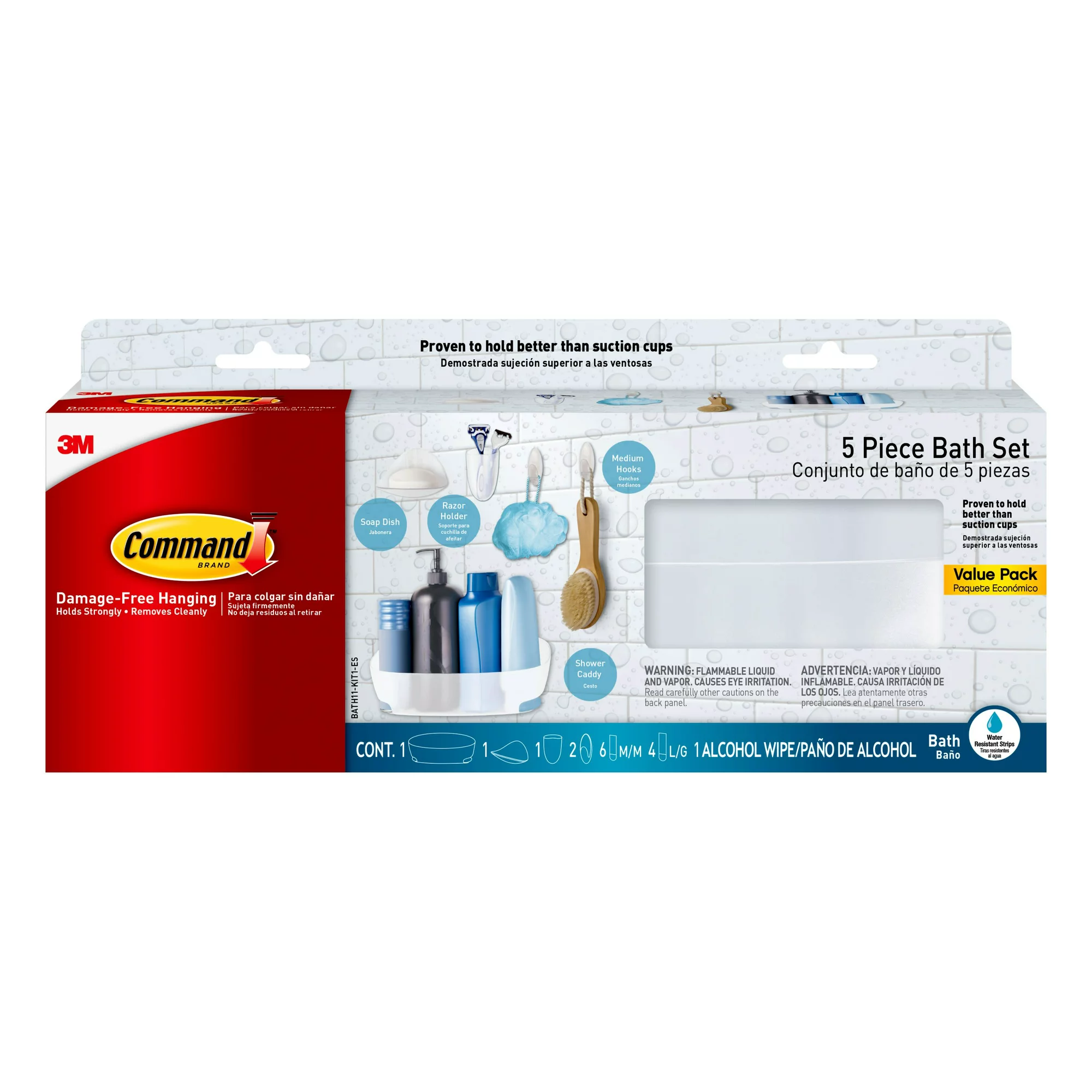 Command Bath Set. 1 Caddy. 1 Soap Dish. 1 Razor Holder. 2 Hooks. 6 Medium and 4 Large Strips