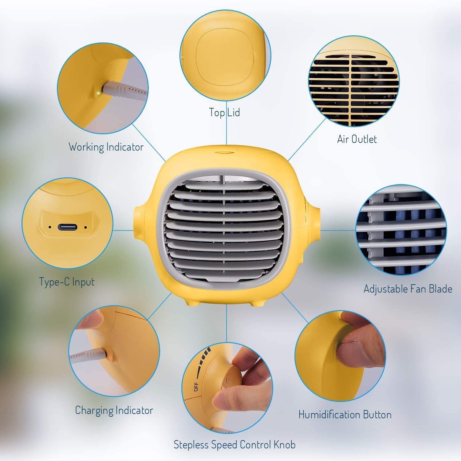 Marnur Portable Air Conditioner Fan Evaporative. Quiet Desk Fan with USB Recharged. Yellow