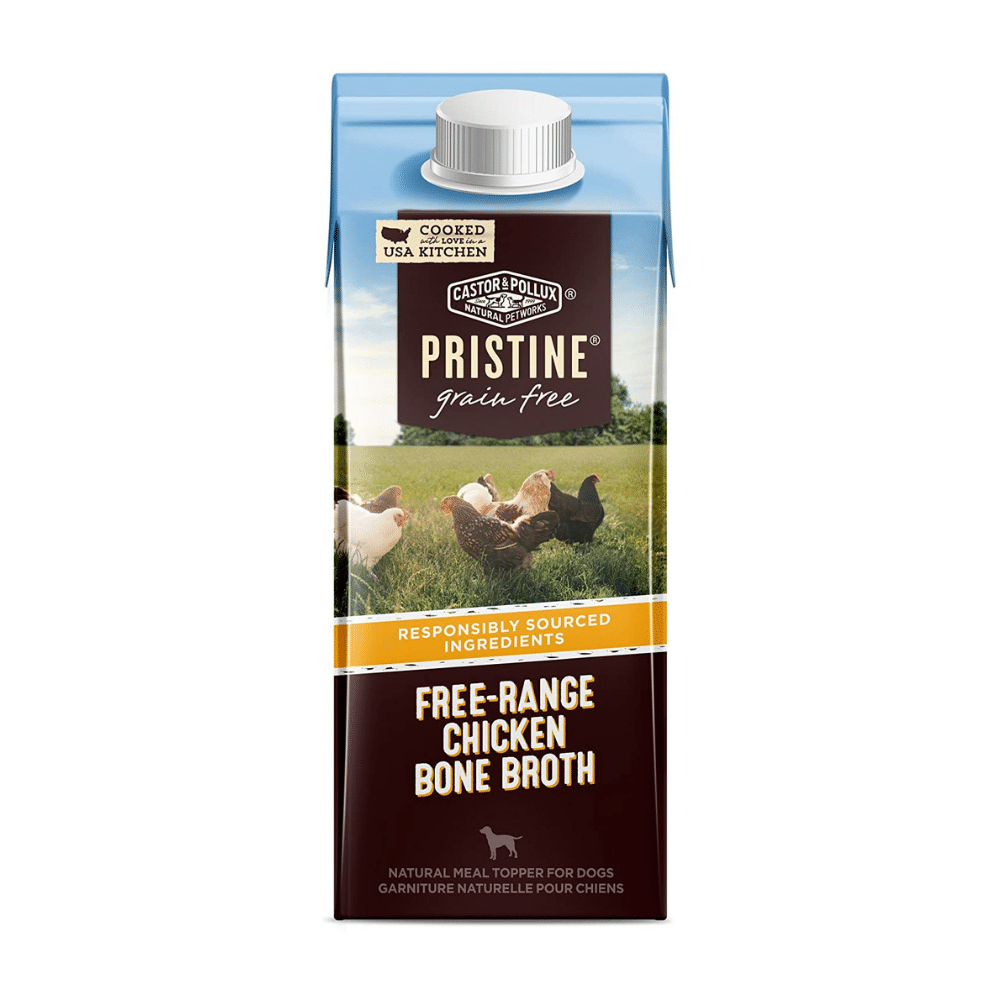 Castor & Pollux Pristine Grain Free Free-Range Chicken Bone Broth Meal Topper Wet Dog Food. 8.4 oz.. Case of 24