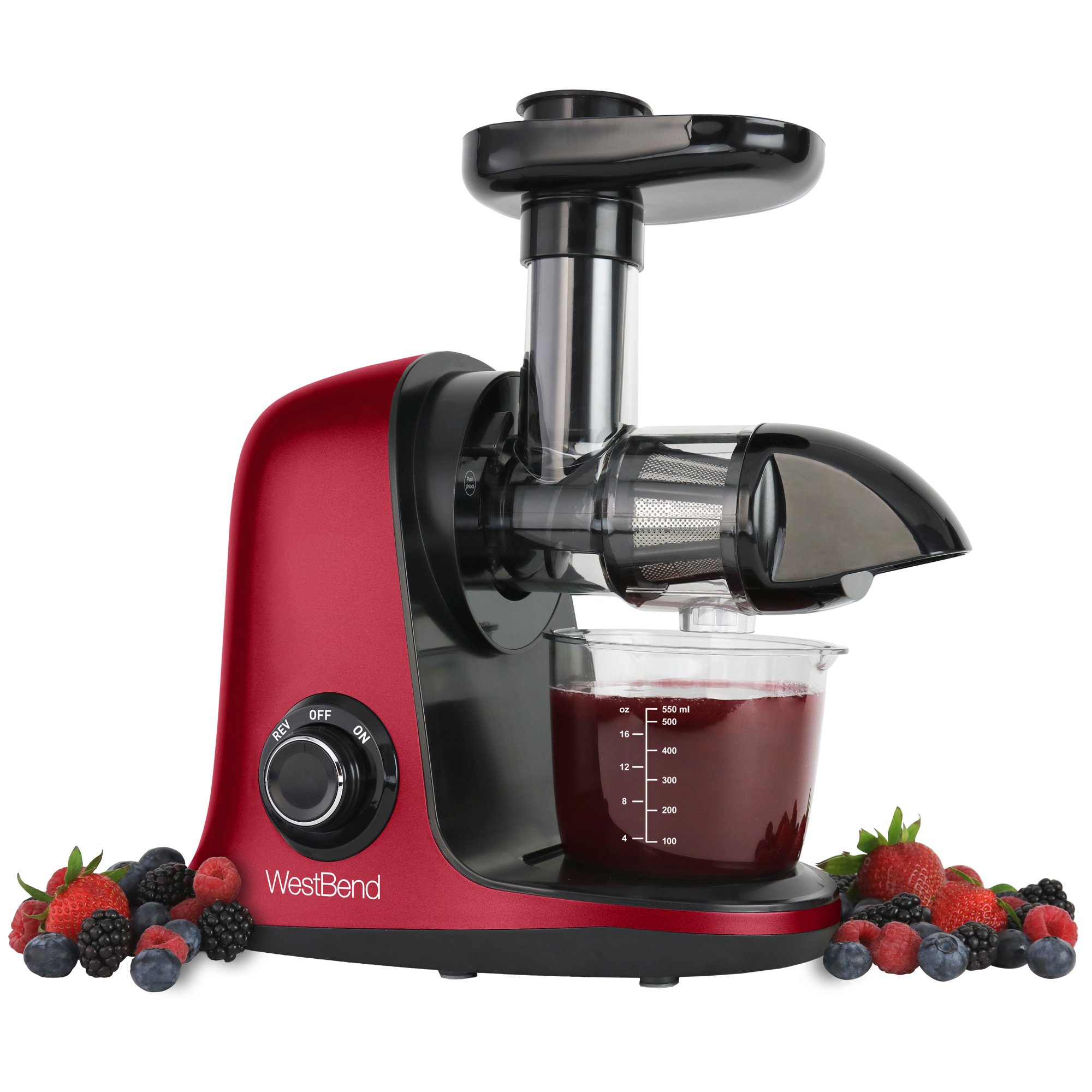 West Bend Cold Press Horizontal Masticating Juicer. BPA-Free. Red
