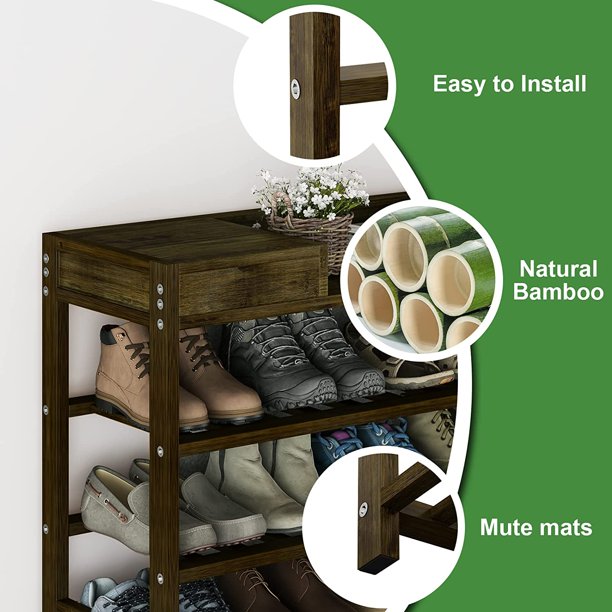 Bamworld Shoes Rack Shelf Organizer for Entryway 5 Tier Bamboo 24 Pair Boots Footwear Book Flowerpots. Dark Brown