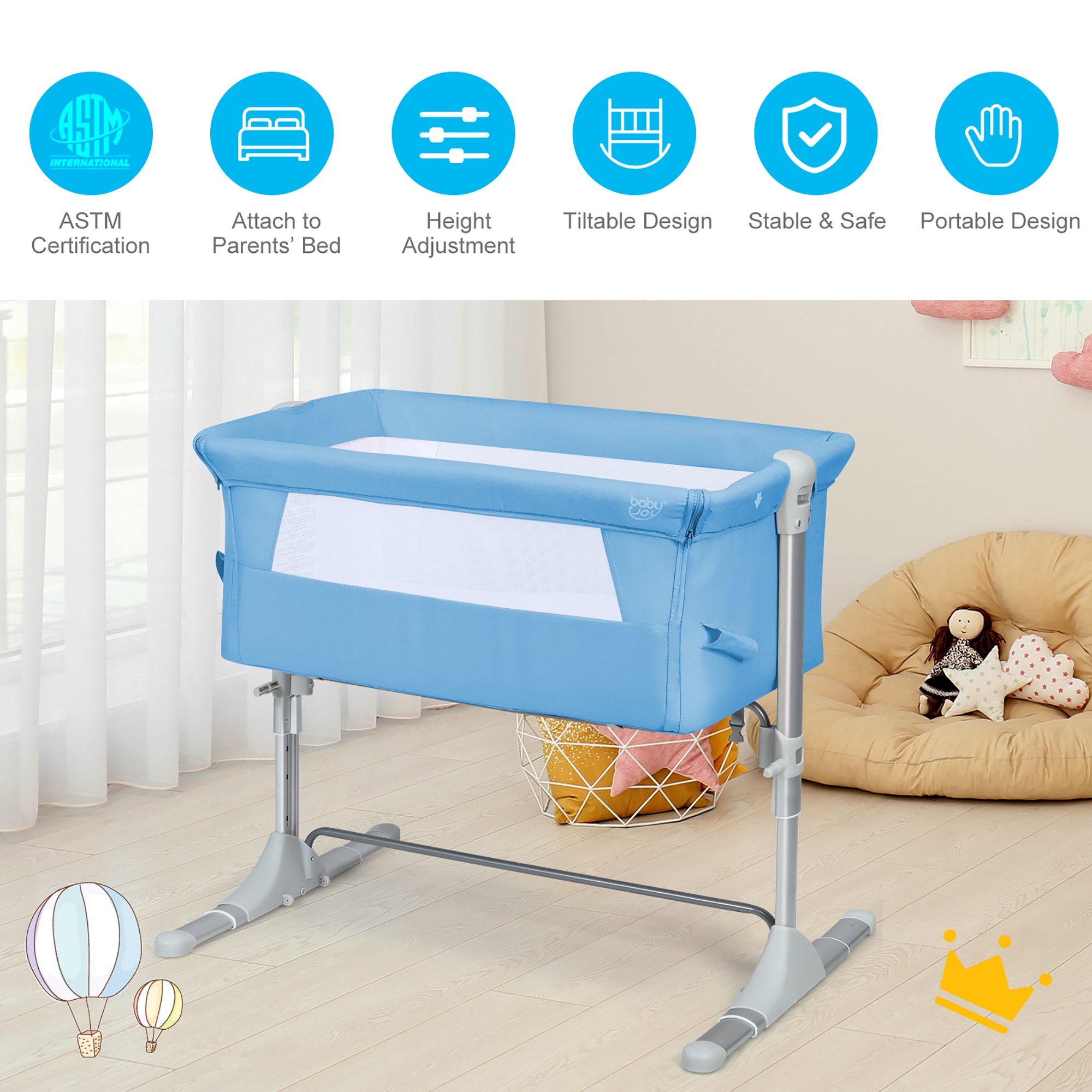 Costway Babyjoy Portable Baby Bed Side Sleeper. Infant Travel Bassinet Crib with Carrying Bag. Blue