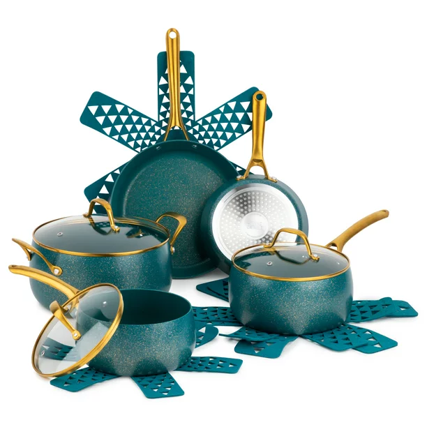 Thyme & Table Nonstick Willow Cookware. 12-Piece Set. Peacock Blue