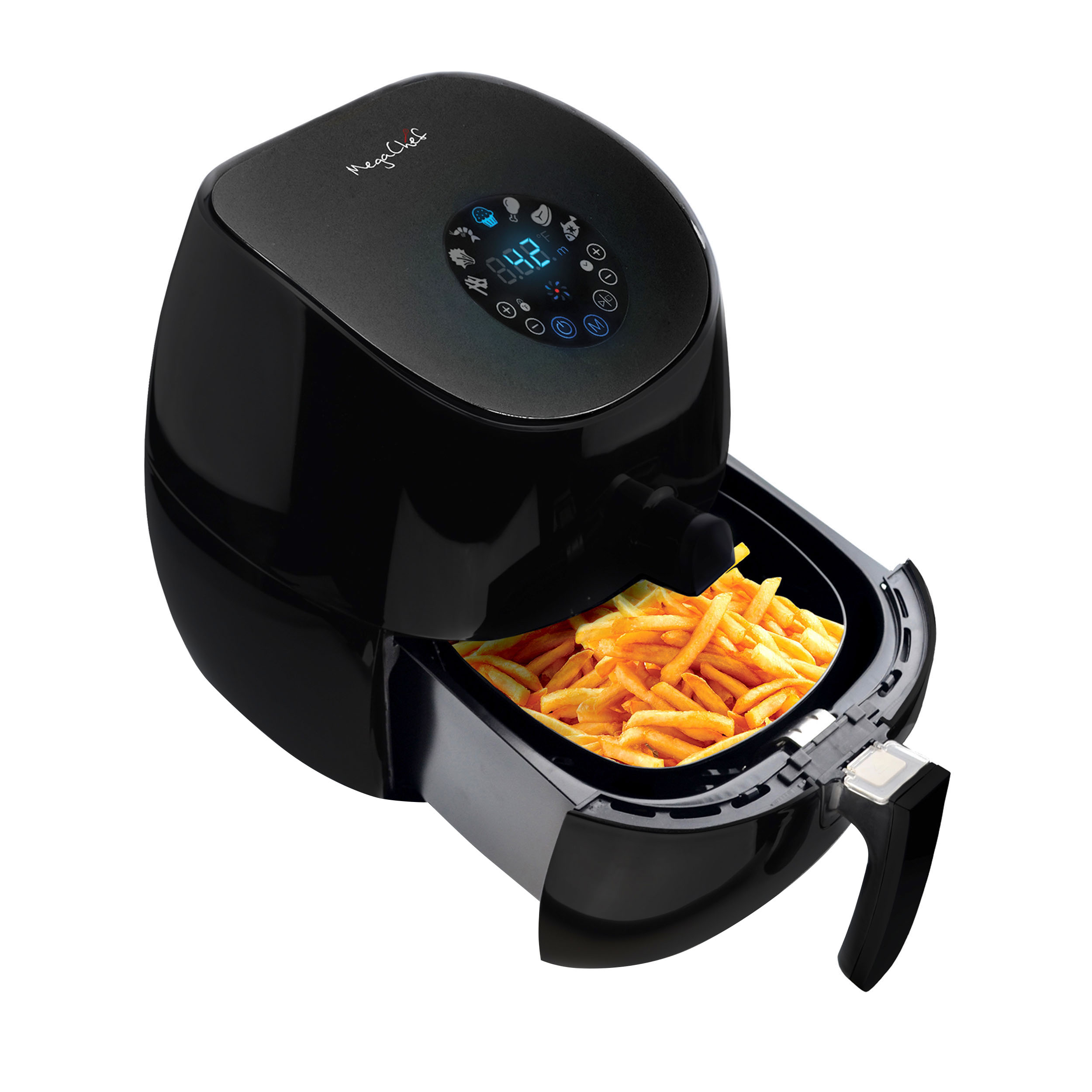 MegaChef 3.5-Quart Air Fryer and Multicooker with 7 Pre-programmed Setting. Sleek Black