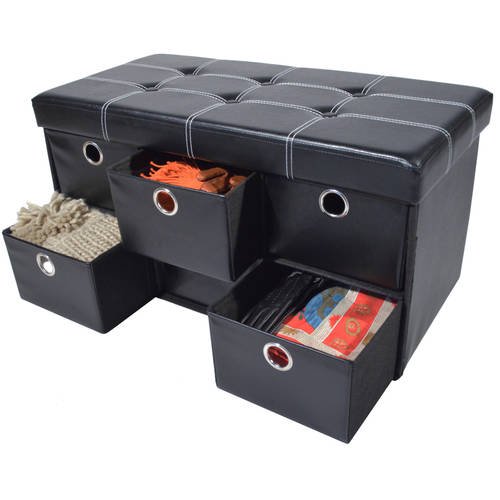 Achim 6 Drawer Storage Ottoman. Black Faux Leather. 30″ x 15″ x 15″