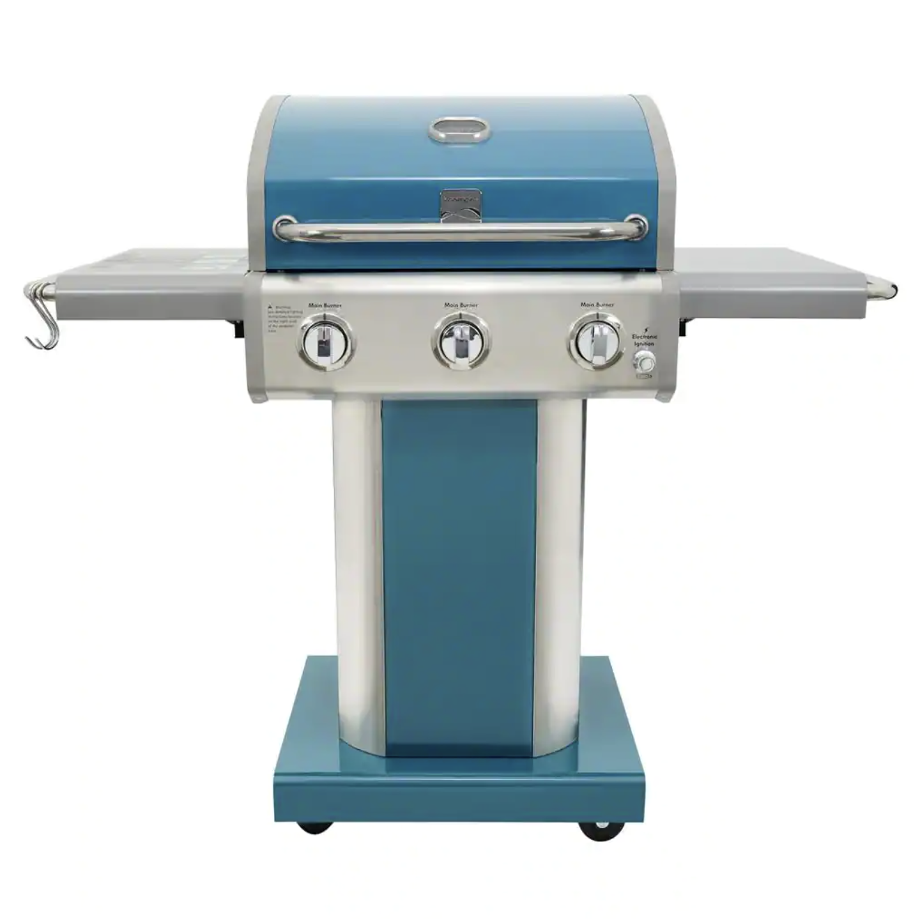 Kenmore 3-Burner Propane Gas Pedestal Grill with Folding Side Shelves. Teal