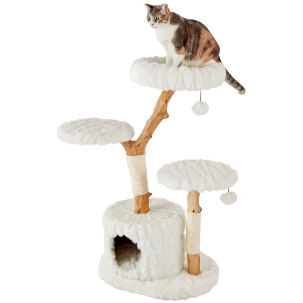 Frisco Natural Wood Modern Cat Tree with Toy. Ivory. Large