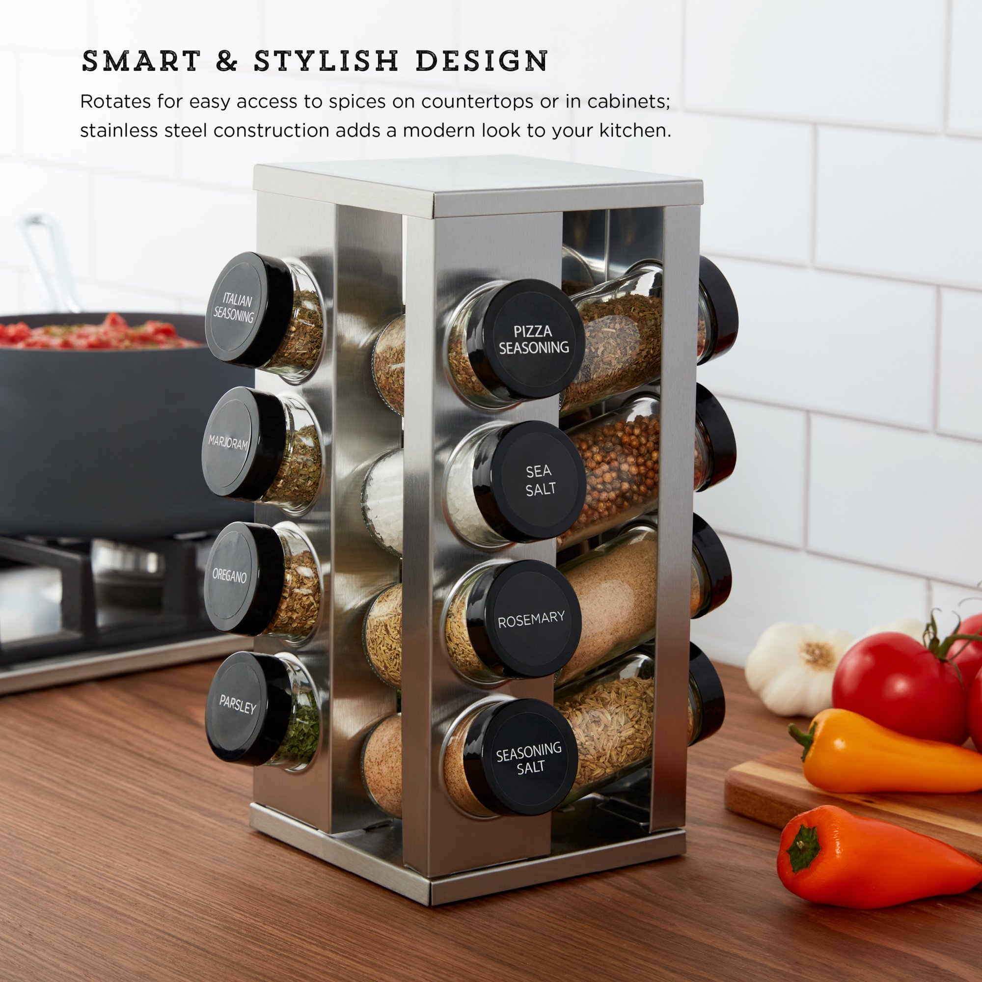 Kamenstein Heritage 16-Jar Revolving Pre-Filled Countertop Spice Rack Organizer Stainless Steel