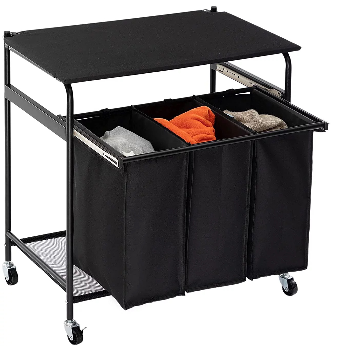 HollyHOME Rolling Laundry Sorter Cart with Openable Ironing Board and 3 Side Pull Laundry Hampers. Black
