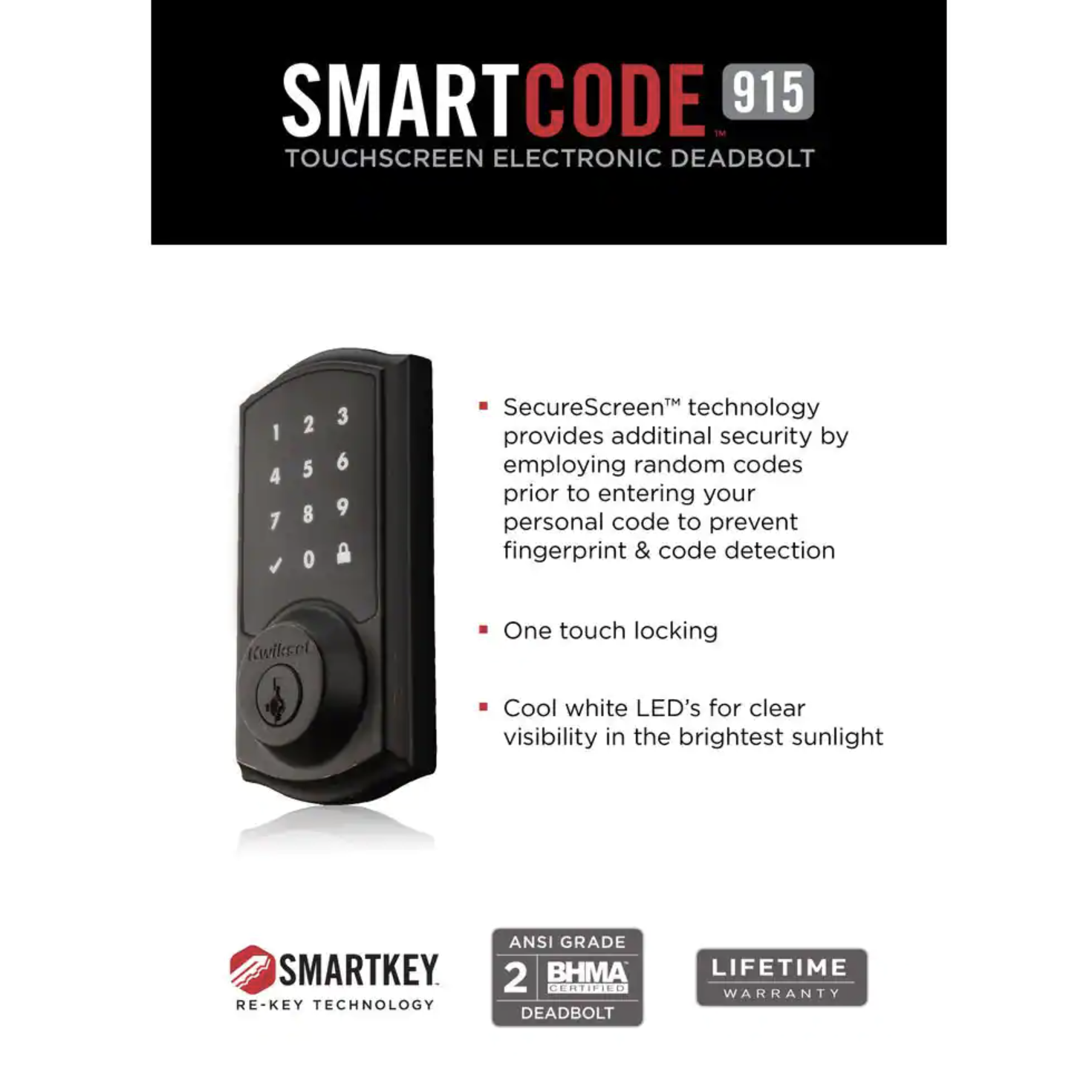 Kwikset SmartCode 915 Touchscreen Venetian Bronze Single Cylinder Electronic Deadbolt with Avalon Handleset and Tustin Lever