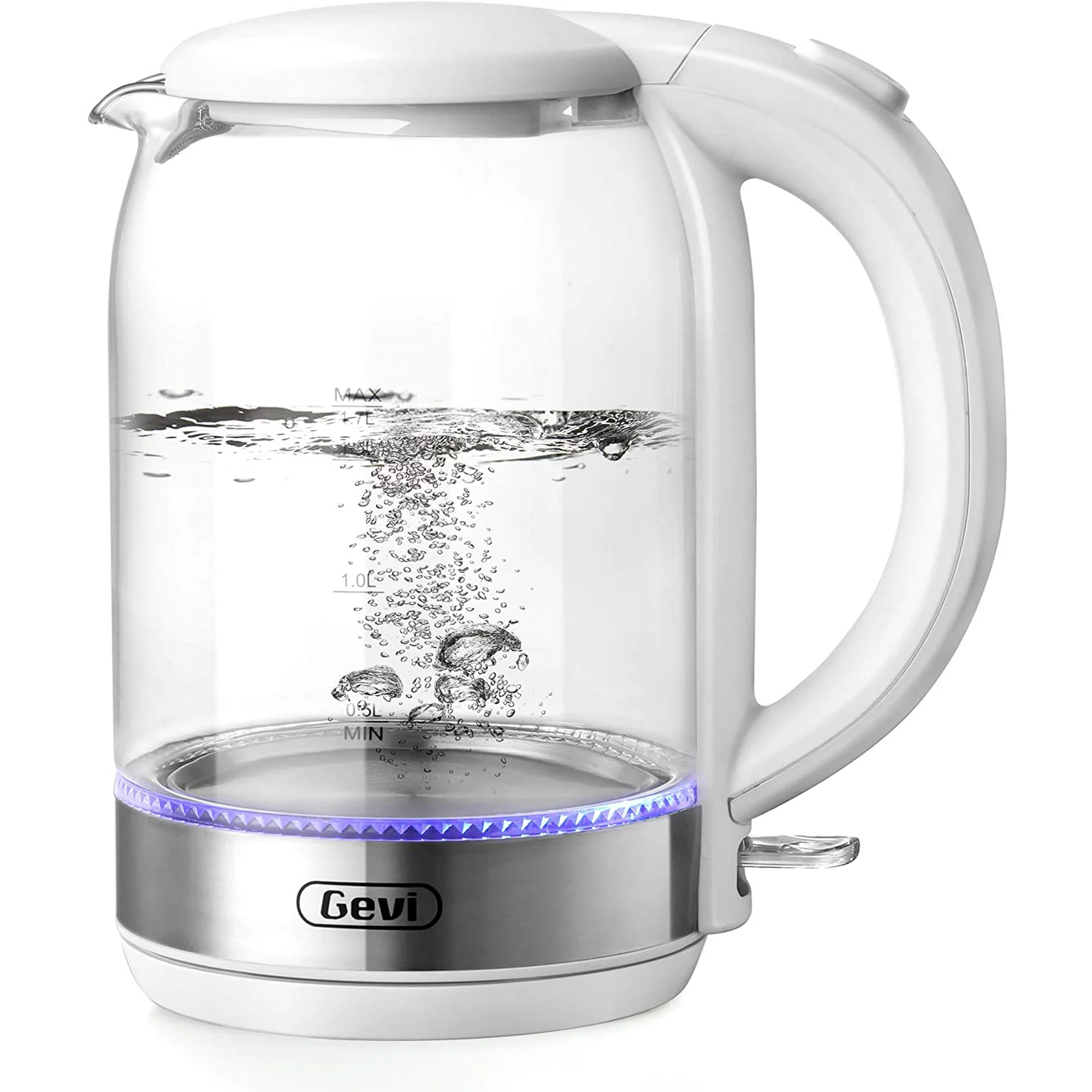 Gevi White Electric Glass Kettle 1.7L Hot Water Boiler with LED Light Kettle Glass