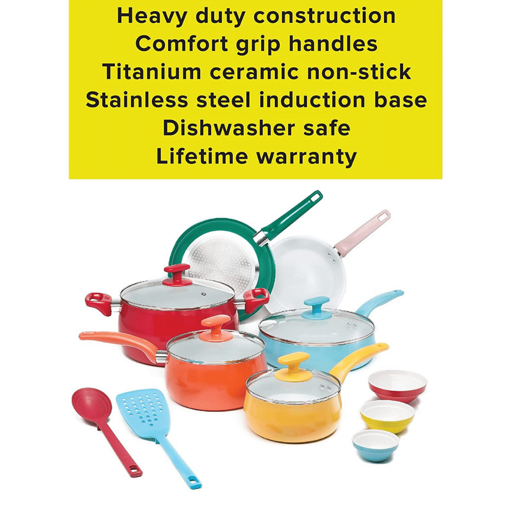 Tasty Ceramic Titanium-Reinforced Non-Stick 16-Piece Cookware Set. Multicolor