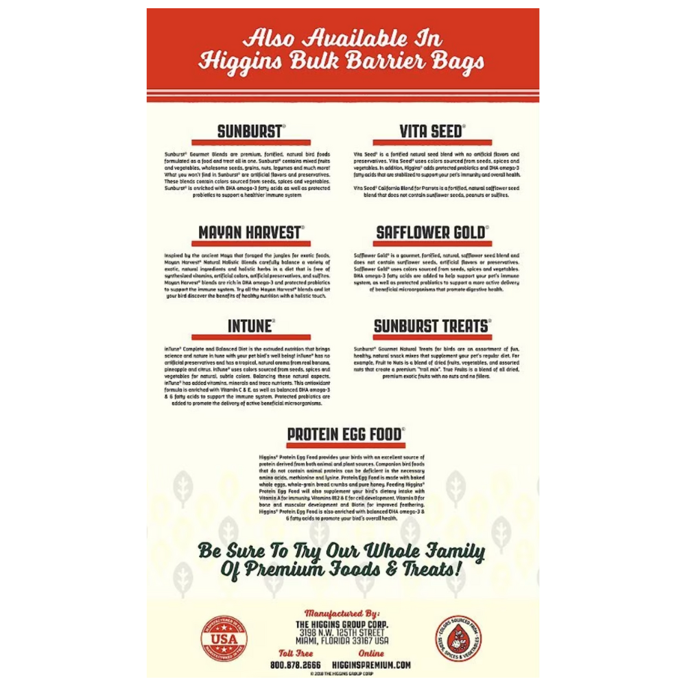 Higgins Safflower Gold Natural Mix Conure & Cockatiel Food. 25-lb bag