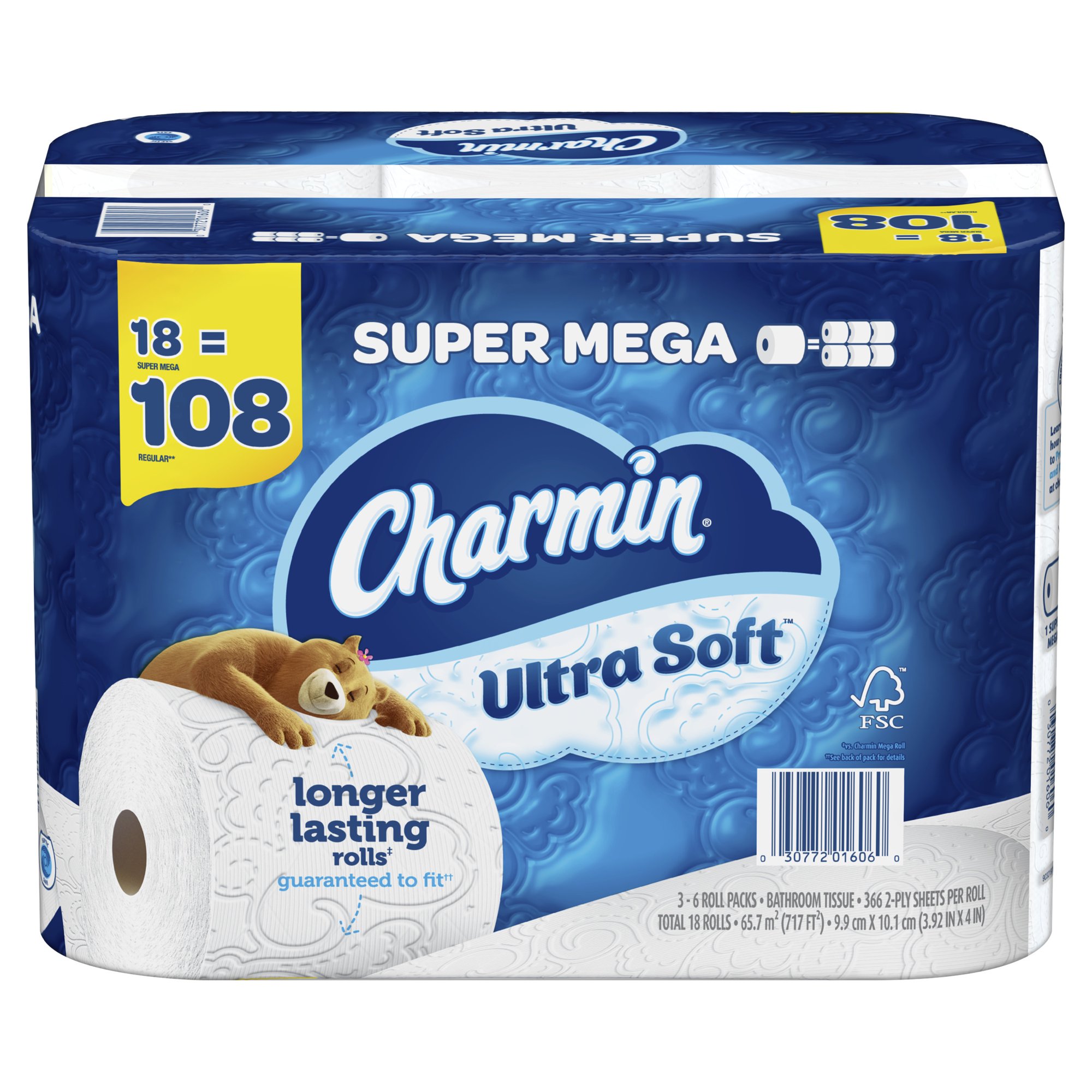 Charmin Ultra Soft Toilet Paper Super Mega Roll. 366 Sheets Per Roll. 18 Count
