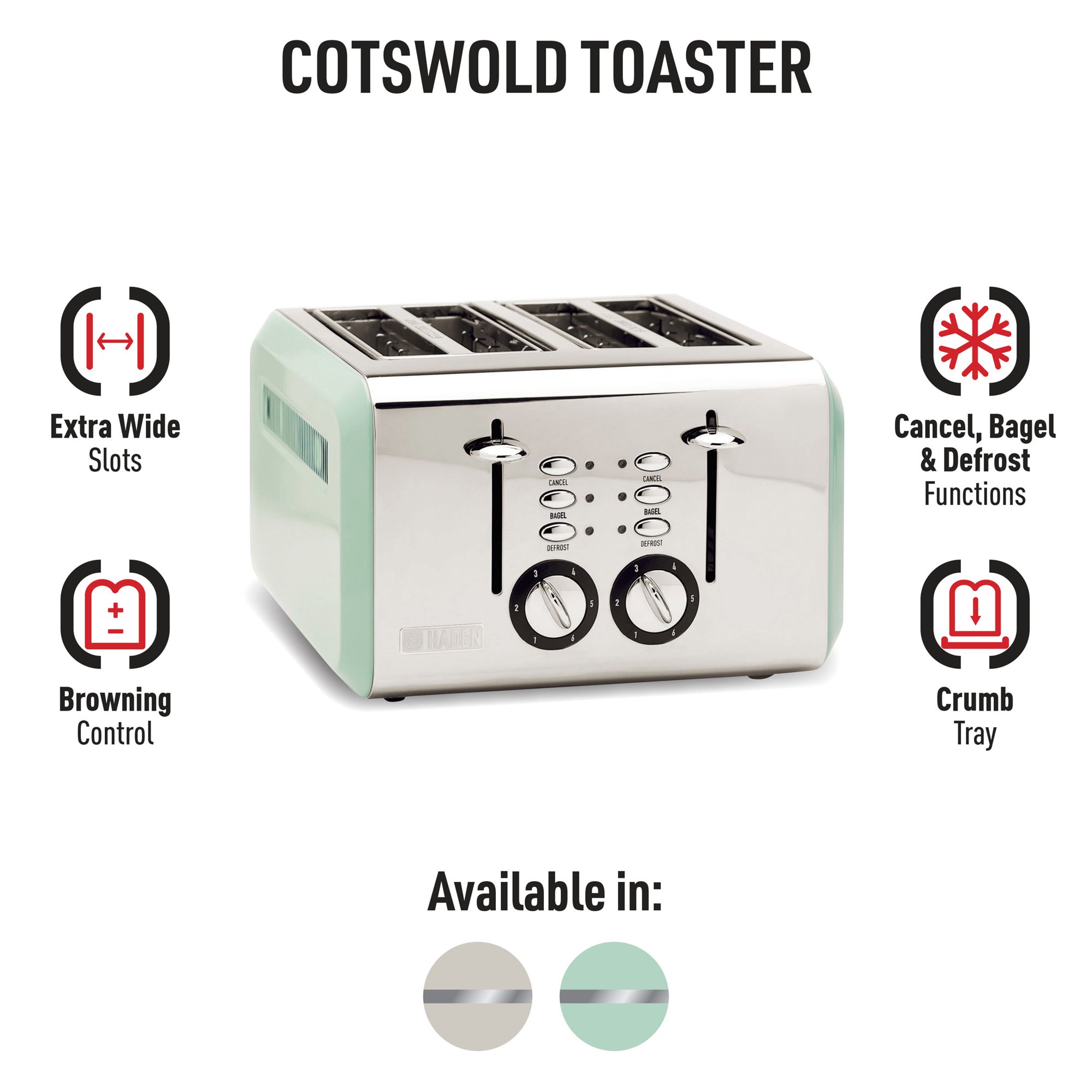 Haden 75009 Cotswold 4-Slice. Wide Slot Toaster in Sage Green
